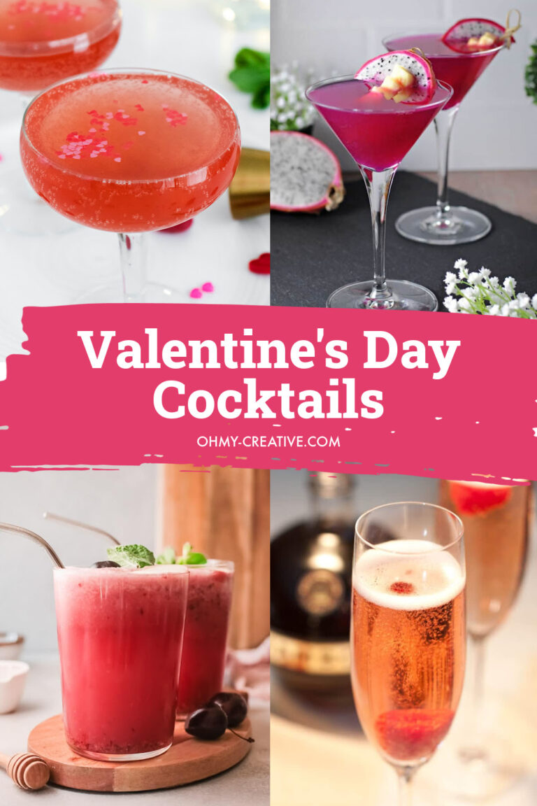 A collage of Valentine's Day cocktails including fruity drinks and chocolate martinis.