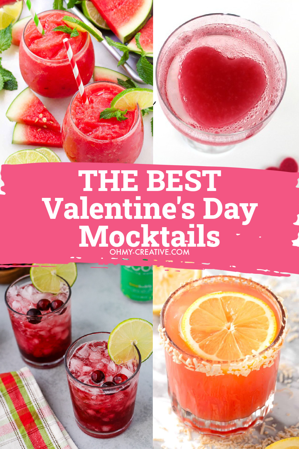 A collage of Valentine's Day mocktails - pretty mocktails for Valentine's Day