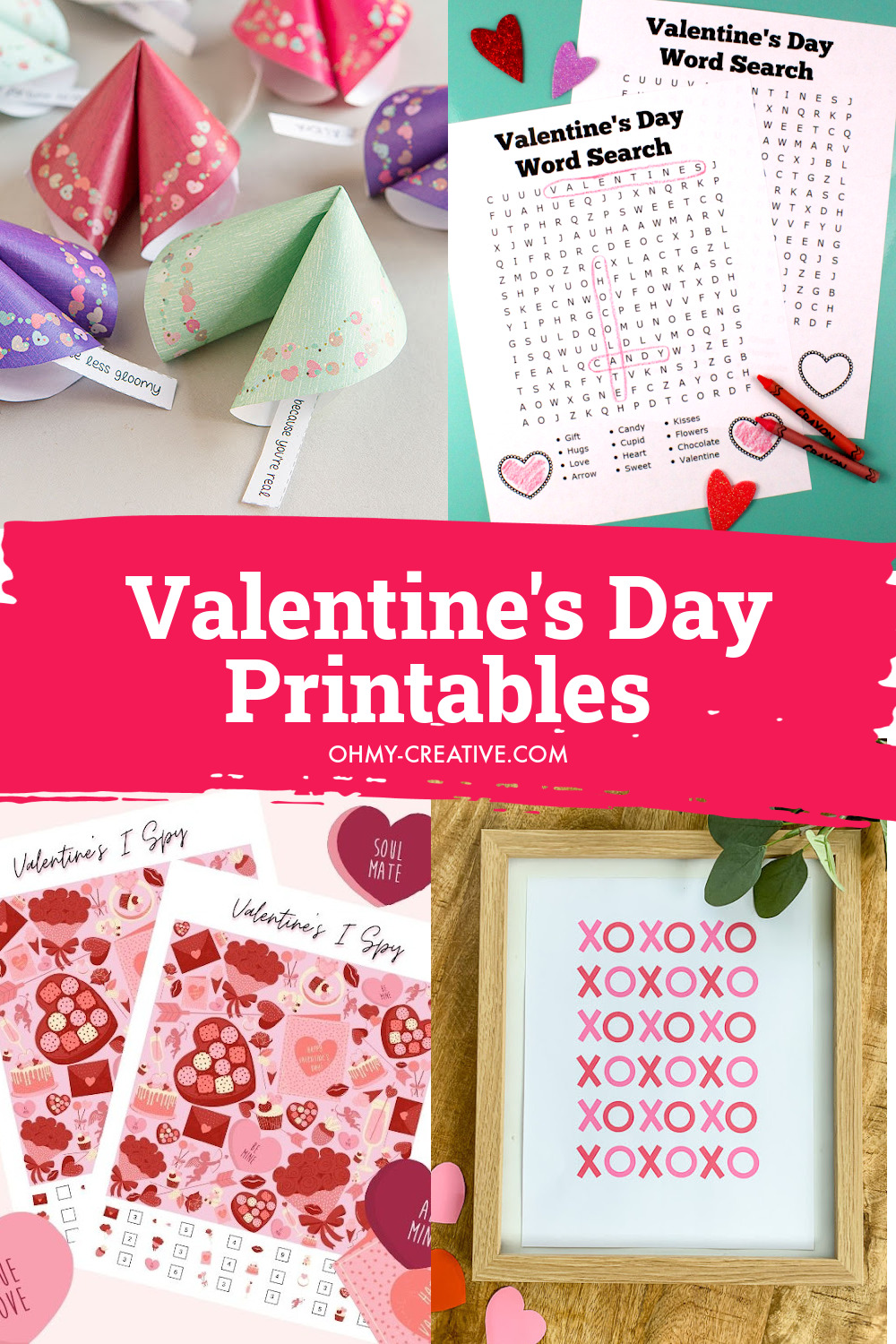 A collage of free Valentine’s Day printable cards, Valentine's Day Printable art, Valentine's Day I Spy printable, Valentine's Day printable word search and much more!