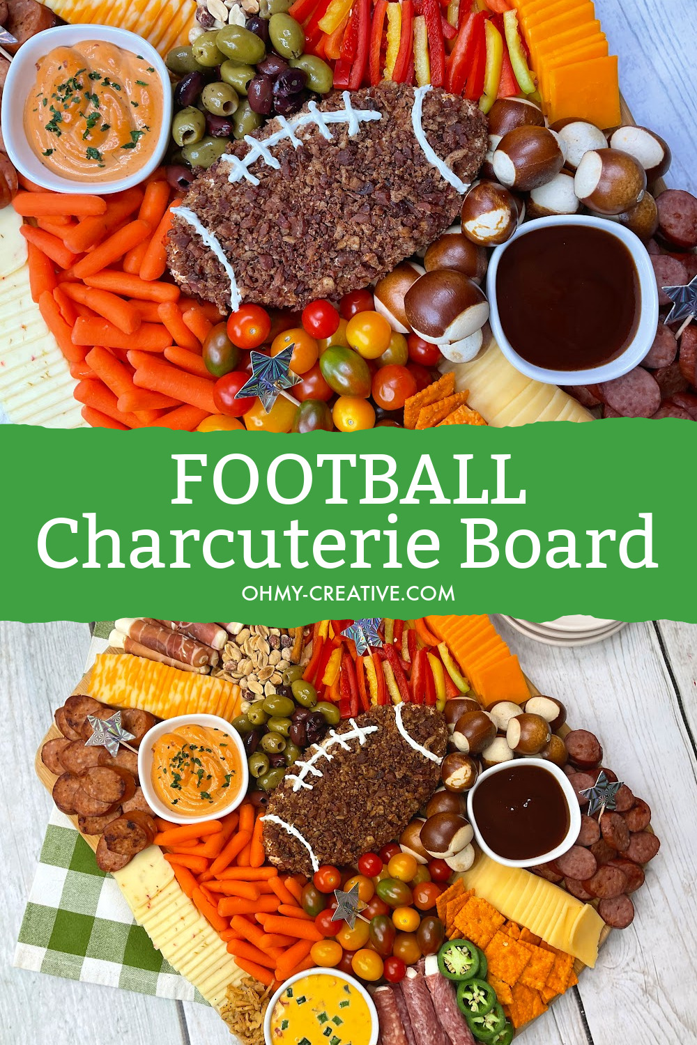 This game-day football charcuterie board includes a football shaped cheese ball and plenty of meats, cheeses and veggies.
