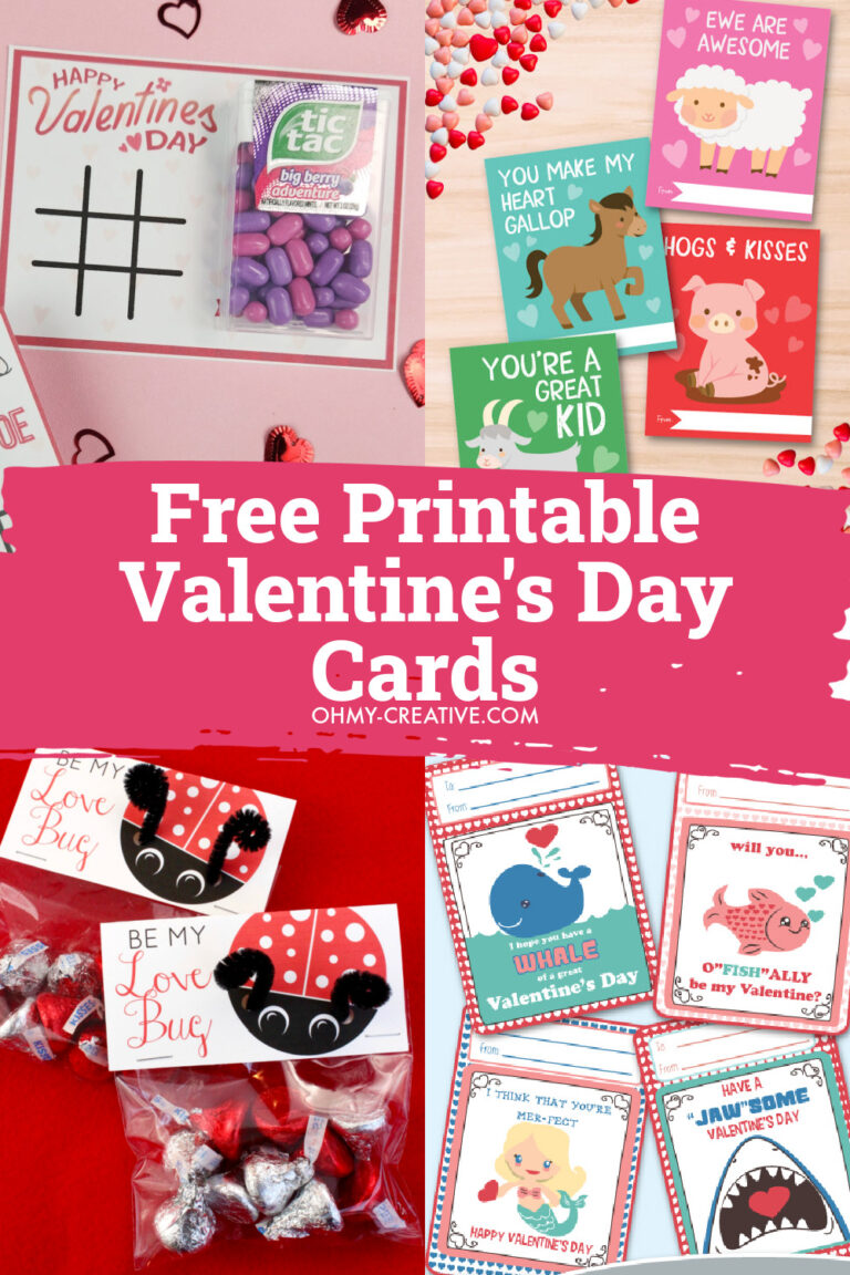 A collage of free Valentine's Day cards for boys and girls including Valentine's Day Bag Toppers.