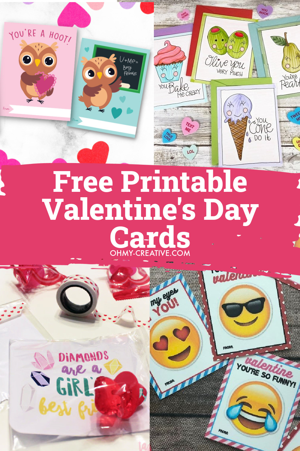 A collage of free Valentine's Day cards for boys and girls including Valentine's Day Bag Toppers.