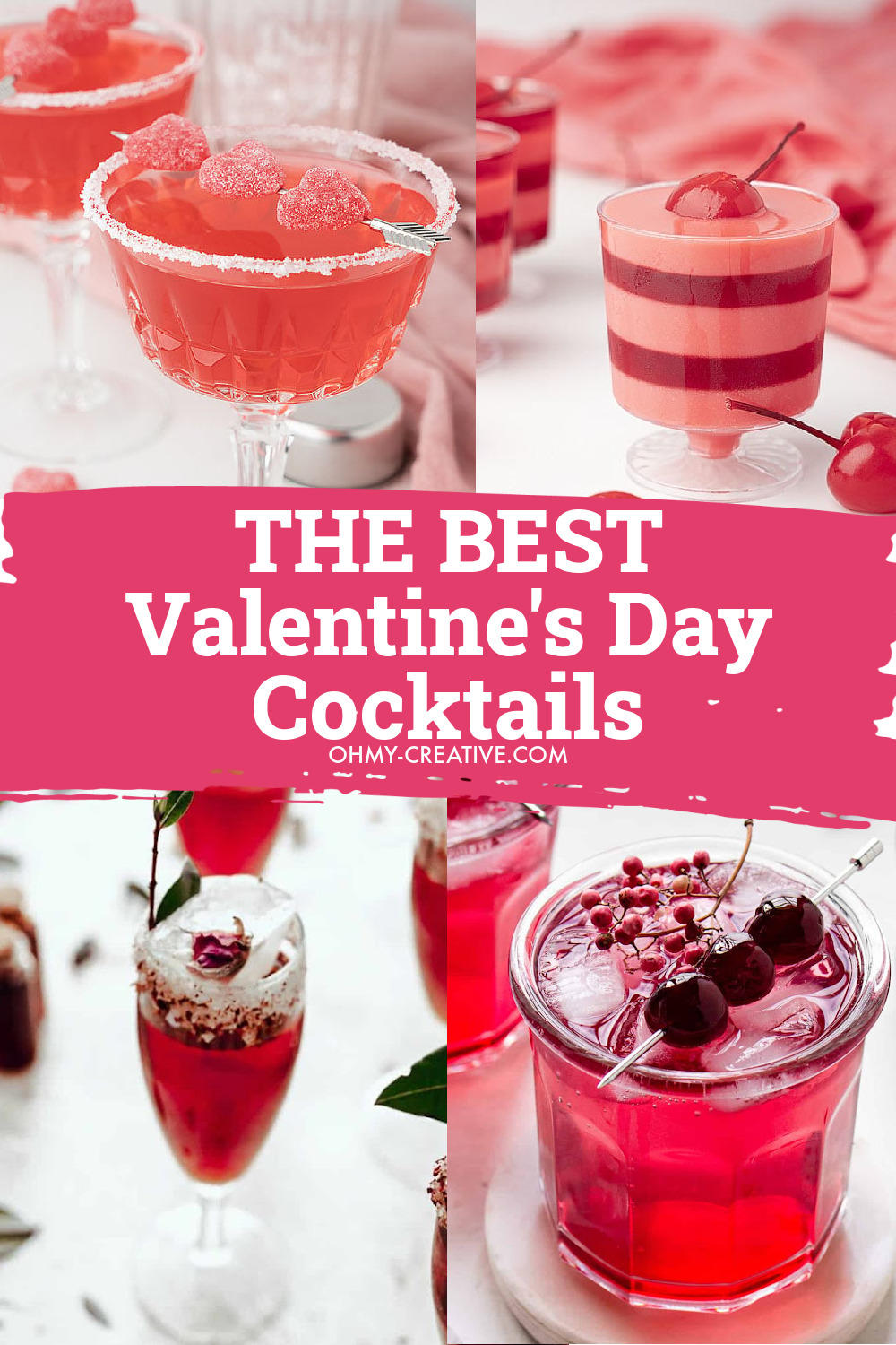 A collage of Valentine's Day cocktails including fruity drinks and champagne cocktails..