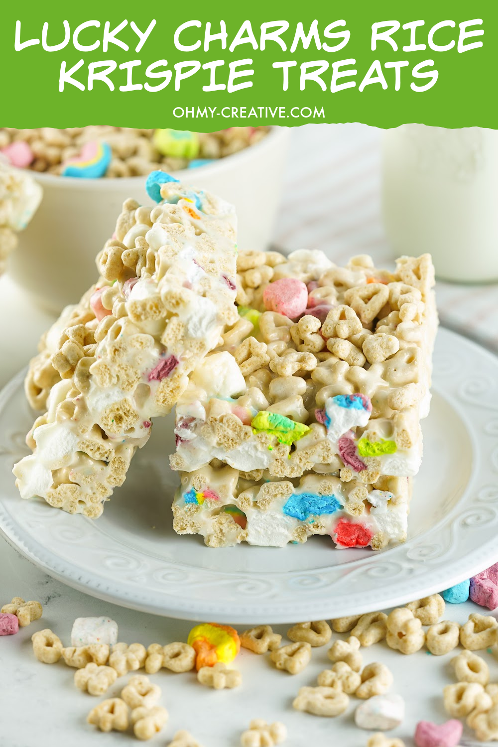 Pin image of stacked Lucky Charms Rice Krispie Treats.