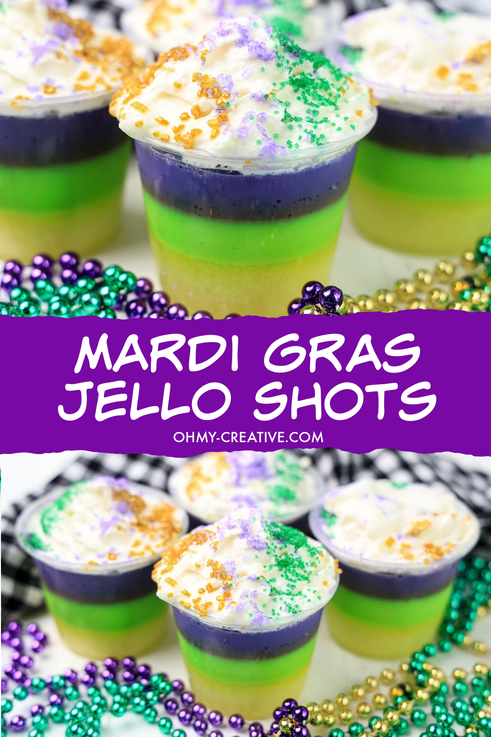 Layered purple, green and yellow Mardi Gras jello shots topped with whipped cream and purple, green and yellow sprinkles.