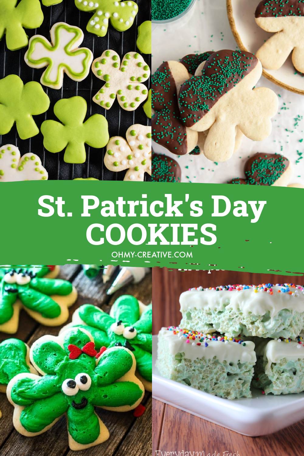 A collage of St. Patrick's Day cookies including Shamrock cut out cookies, shamrock cookies and shamrock shaped cookies cookies.