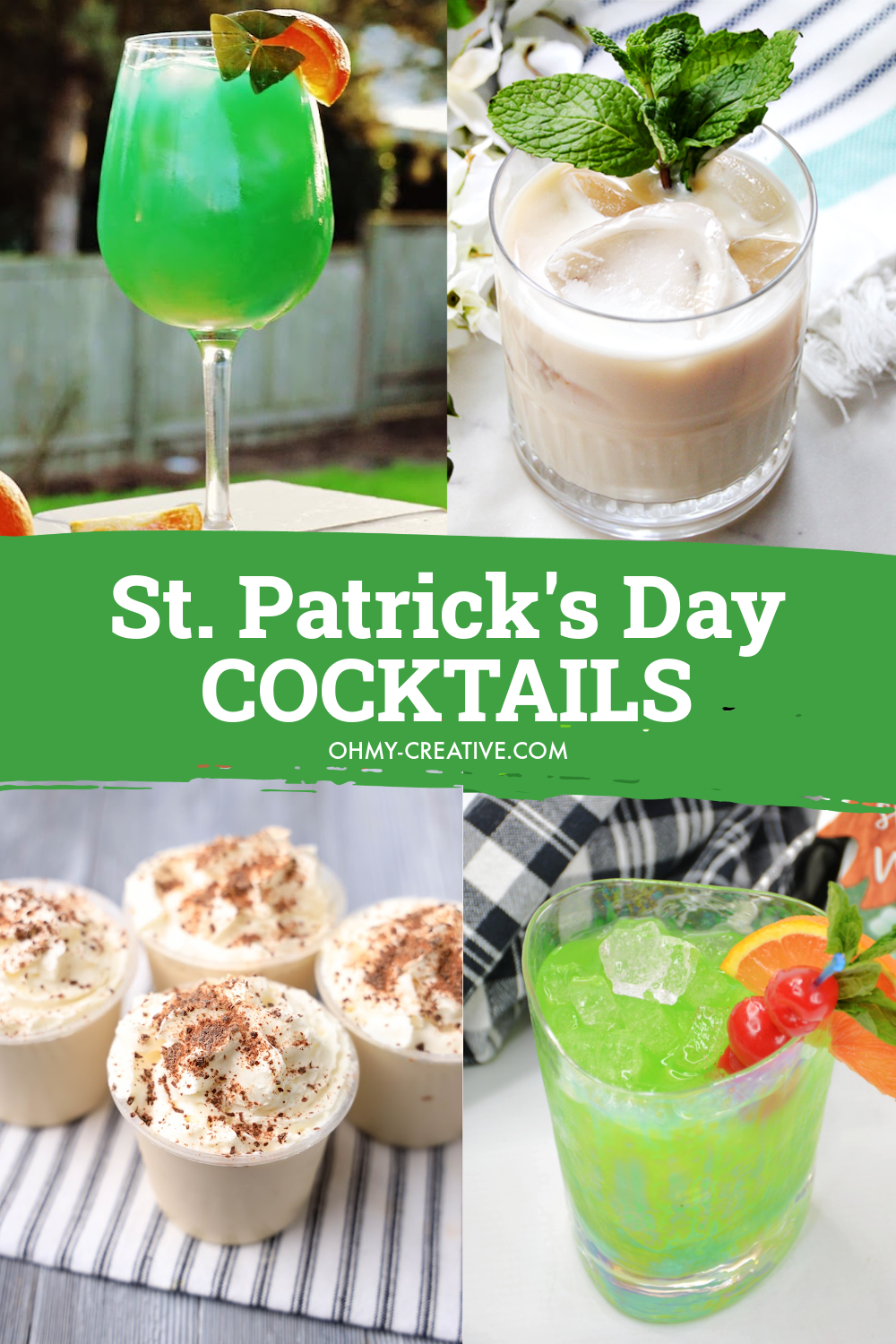 A collage of St. Paddy's Day cocktails including Bailey's jello shots, Emerald sunrise, Bailey's cocktail