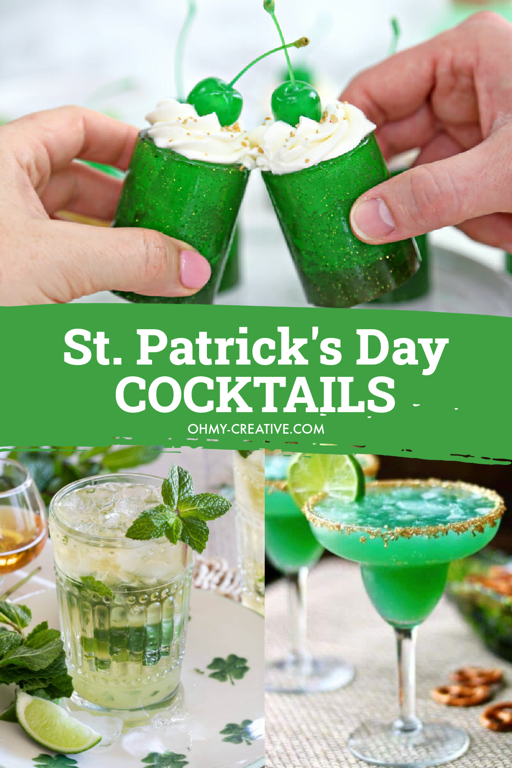 A collage of St. Patrick's Day cocktails including Shamrock shake shots, Irish margarita and Irish mojito