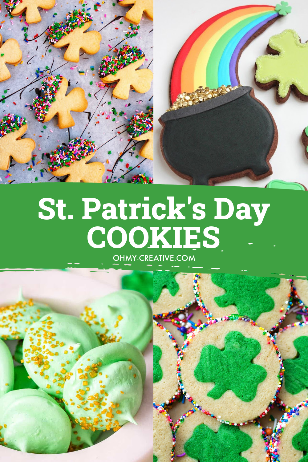 A collage of St. Patrick's Day cookies including Lucky Charms rice Krispie treats, shamrock cookies and pot of gold cookies.