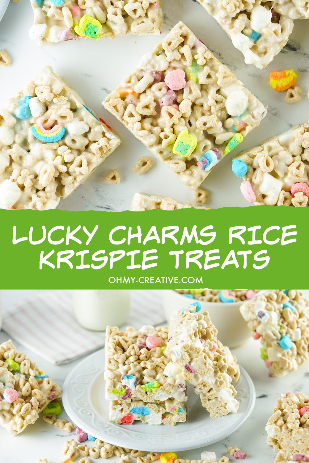 Pin image of flat and stacked Lucky Charms Rice Krispie Treats.