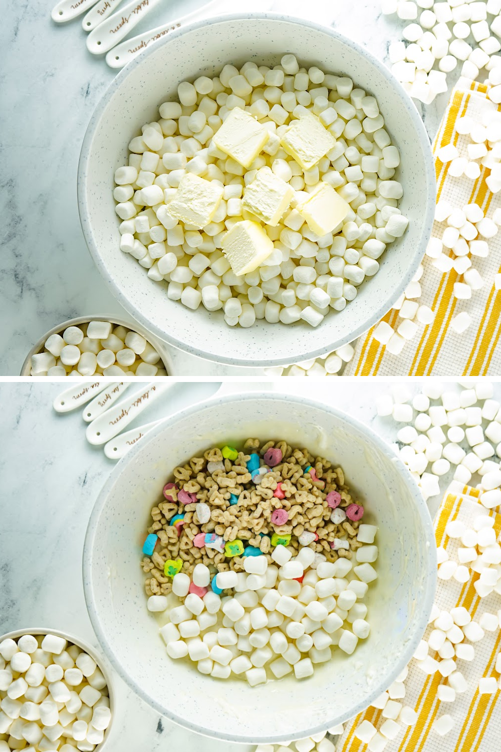 bowls of ingredients to make Lucky Charms Rice Krispie Treats