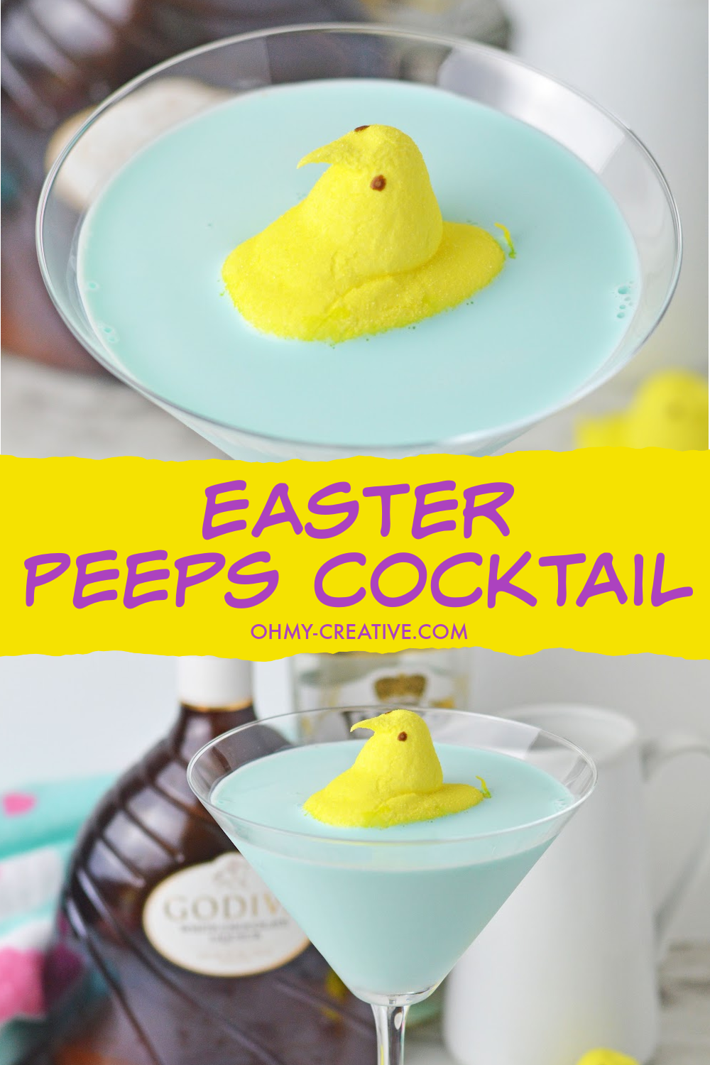 A colorful Easter Peeps cocktail martini that is blue with a yellow chick Peeps floating in the center.