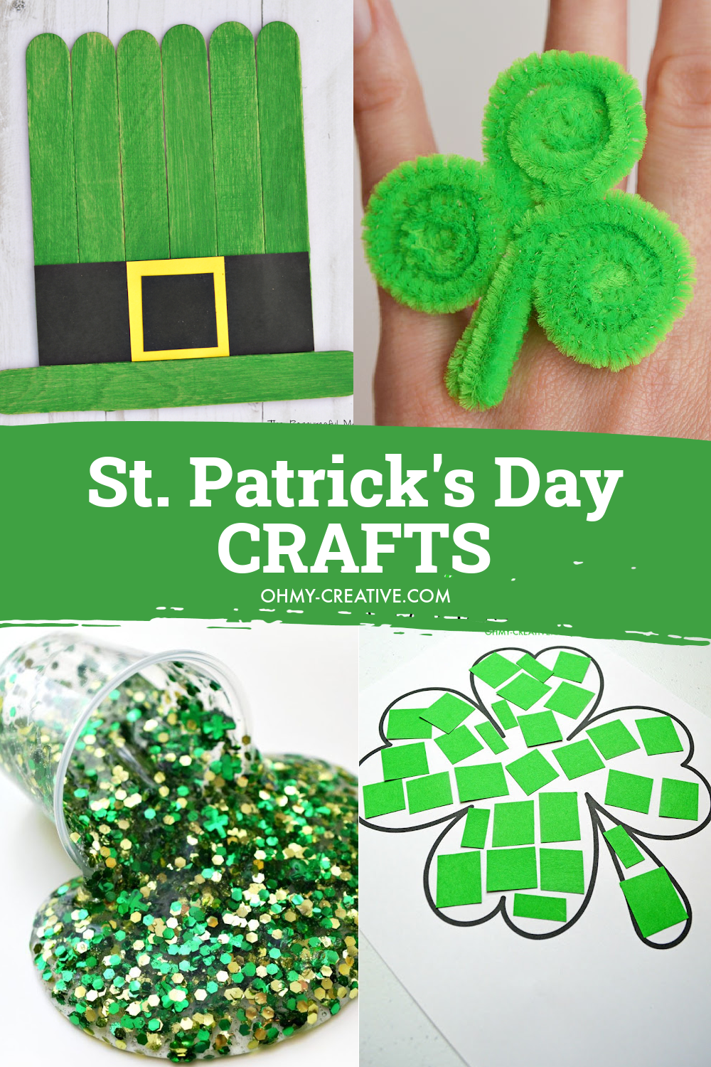 A collage of St. Patrick's Day crafts for kids and adults. Shamrock crafts, St. Patrick's Day slime and craft stick leprechaun hat.