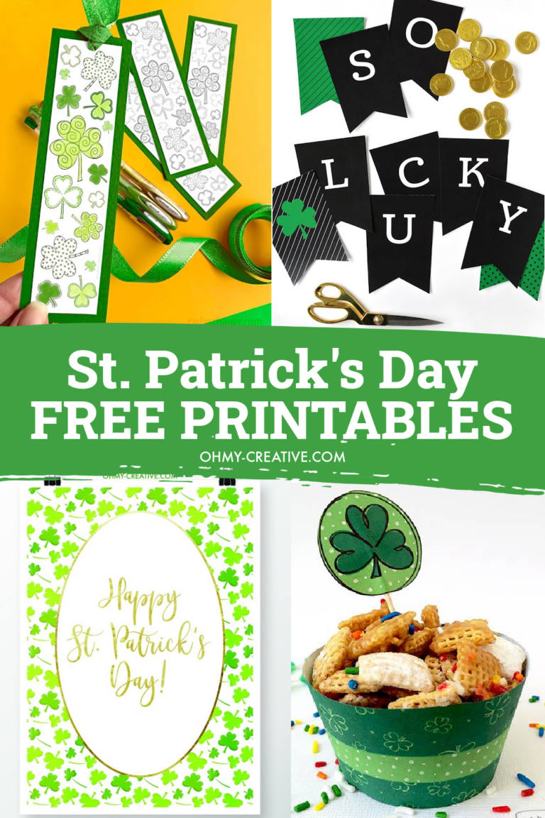 A collage of St. Patrick's Day free printable including St. Patrick's Day Printable Lucky banner, St. Patrick's Day bookmarks and St. Patrick's Day Cupcake toppers.