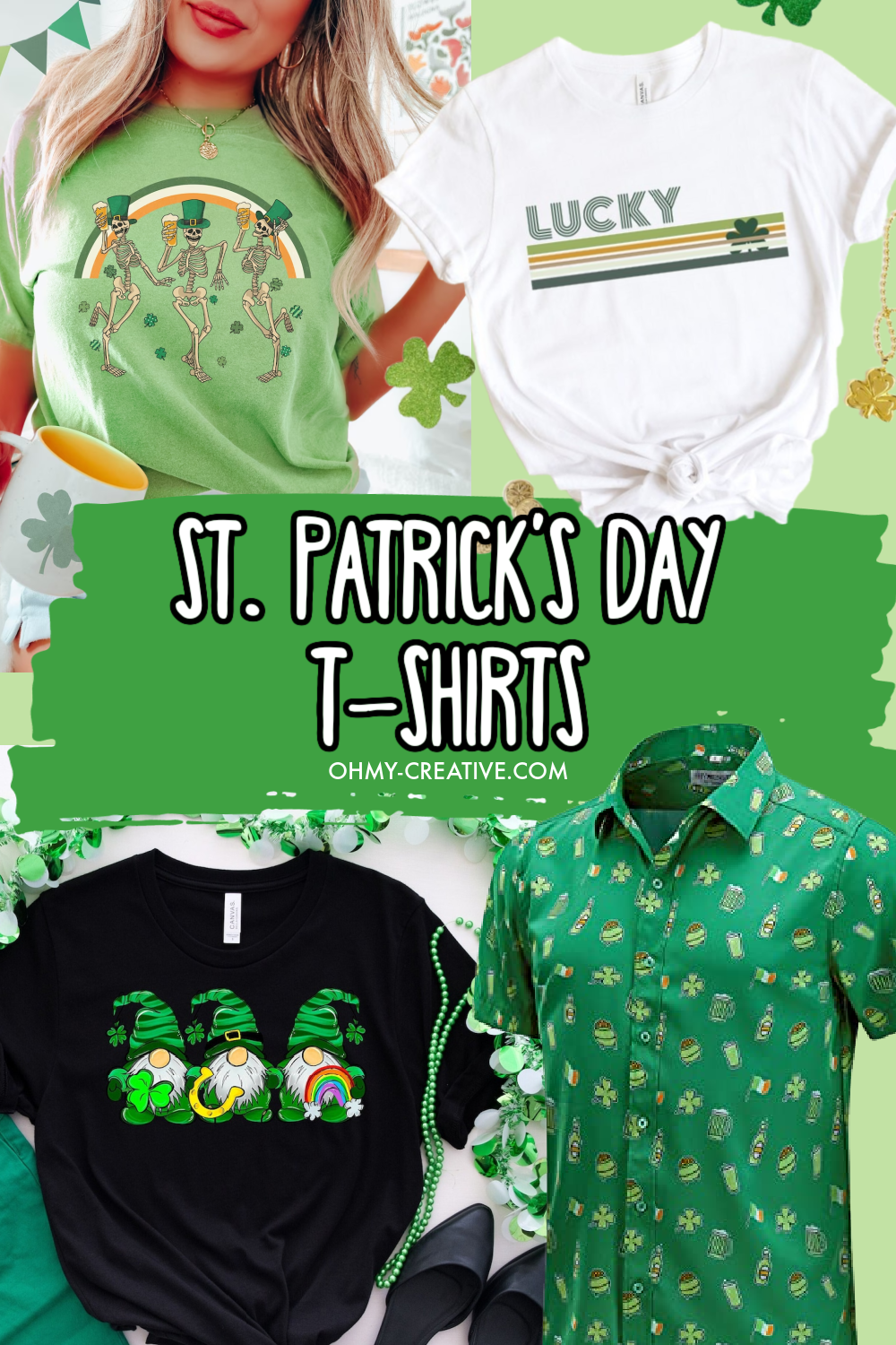 A collage of St. Patrick's Day t-shirts to celebrate St Paddy's Day..