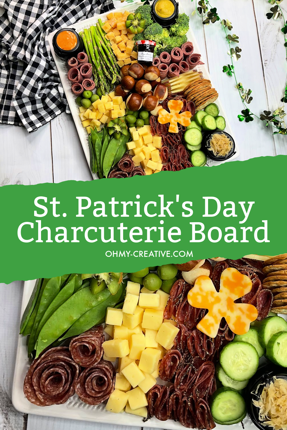 Pin image of St. Patrick's Day charcuterie board with shamrock cheese garnish. One photo shows the entire charcuterie board and one a close up.