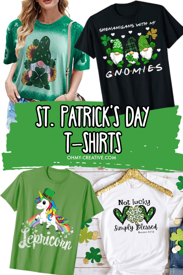 A collage of St. Patrick's Day t-shirts for adults.