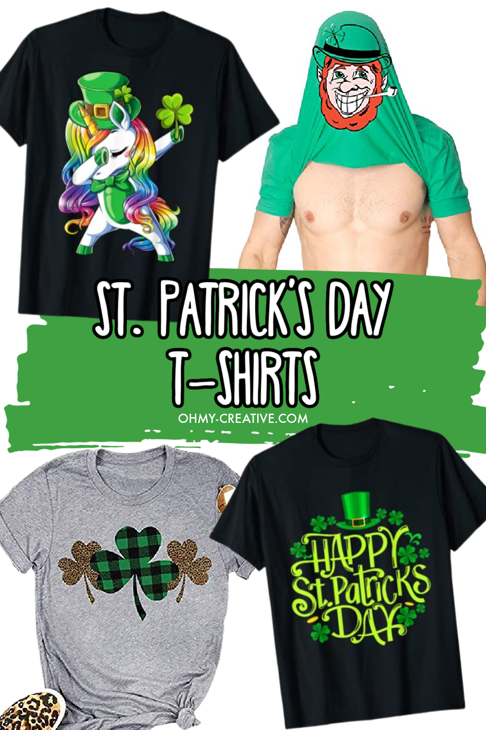 A collage of funny St. Patrick's Day t-shirts for adults.