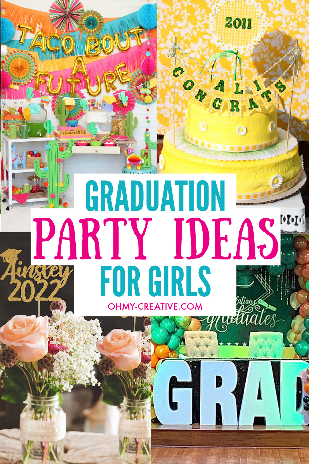 A collage with graduation party ideas for girls. Including dessert tables, graduation party decorations and graduation party themes for girls..