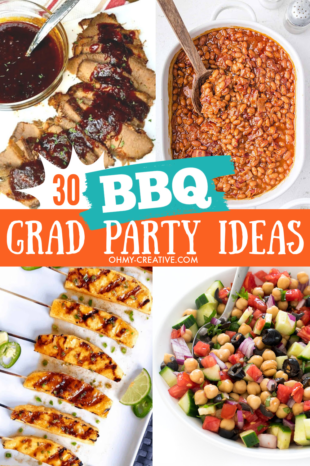 A collage of BBQ graduation party ideas and recipes. Including roast beef, baked beens, salads and chicken skewers.