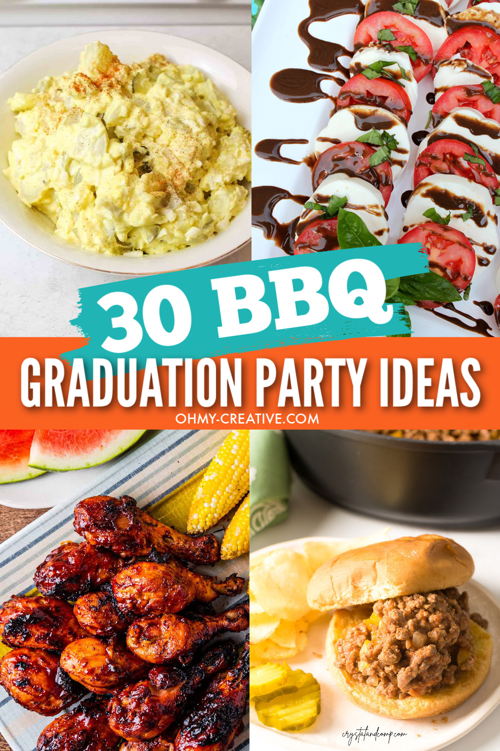 A collage of BBQ graduation party ideas and recipes. Including chicken wings, pulled pork sandwiches, casseroles and salads.  
