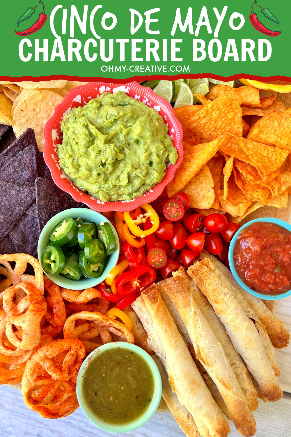 Cinco de Mayo charcuterie board with zesty dips, crunchy chips and tasty Mexican bites make this perfect for any party!