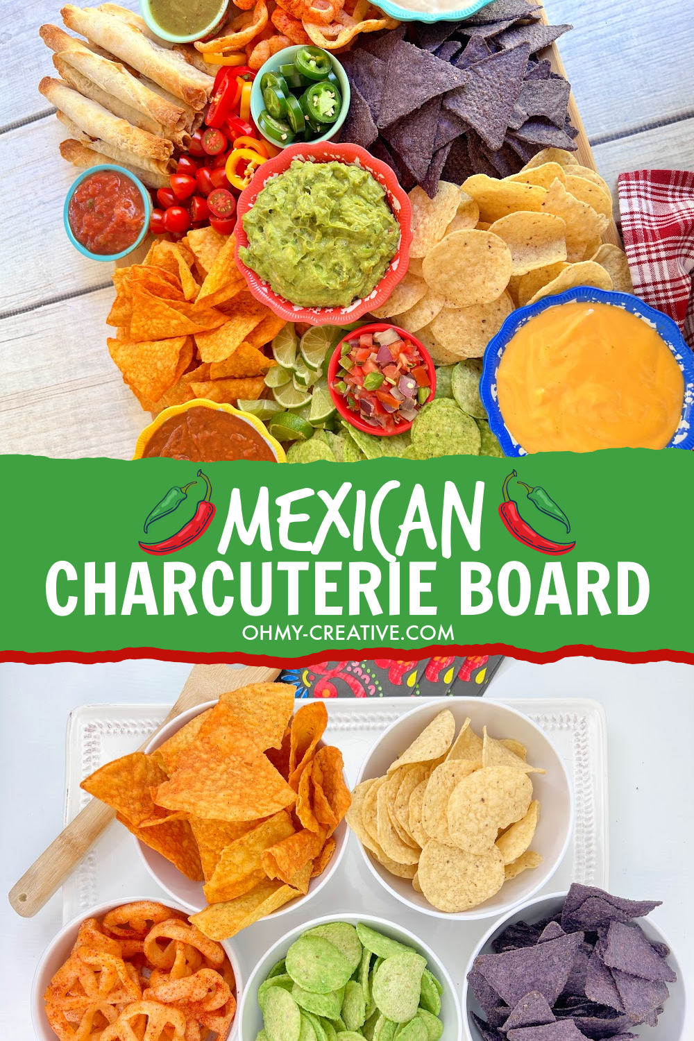 Mexican charcuterie board with zesty dips, crunchy chips and tasty Mexican bites make this perfect for any party!