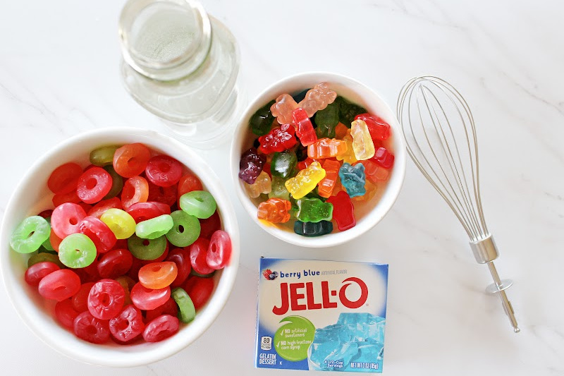 Pool party ingrediants include gummy rings, gummy bears and blue jello.