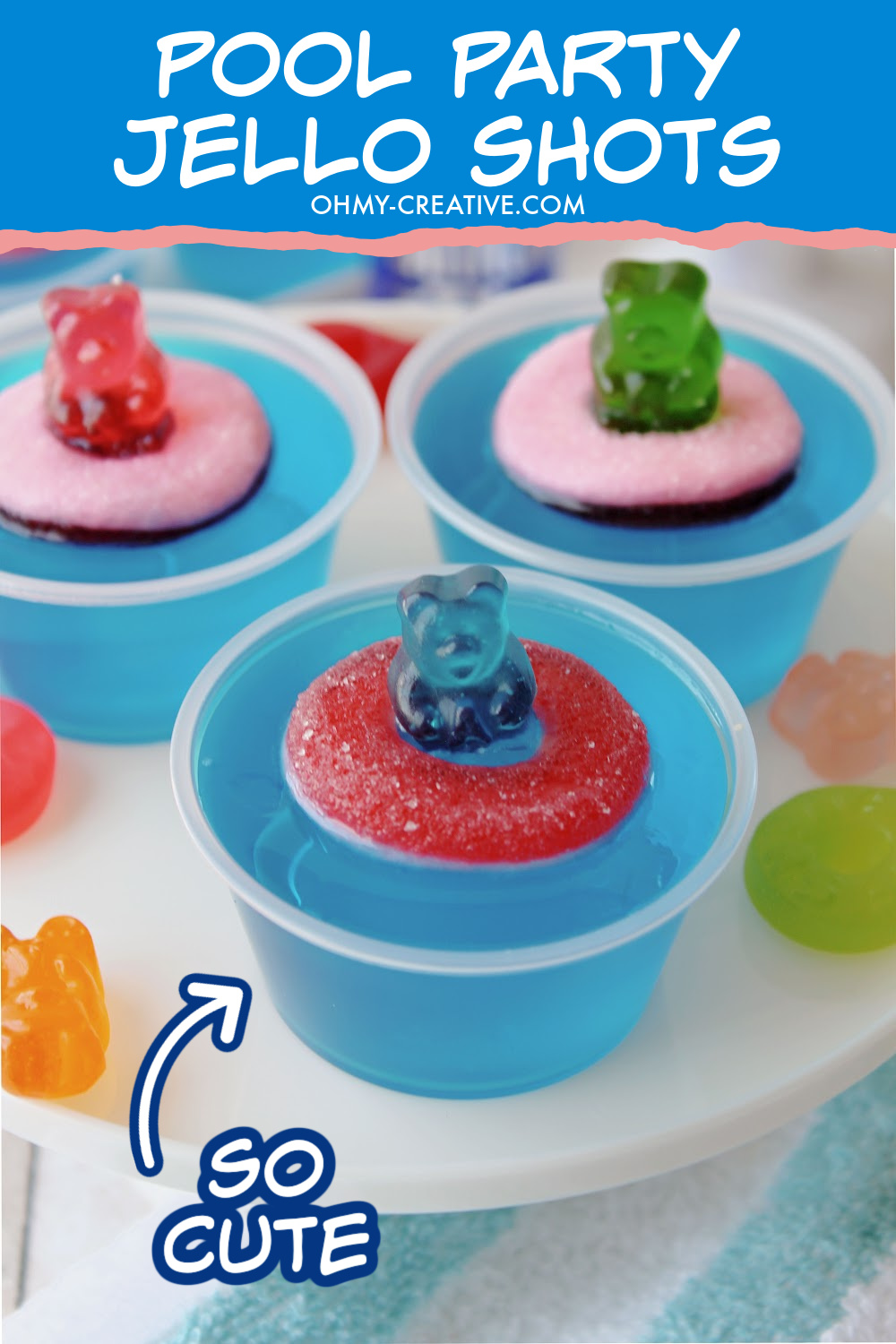 Blue jello shots made with gummy pool floats and gummy bears.