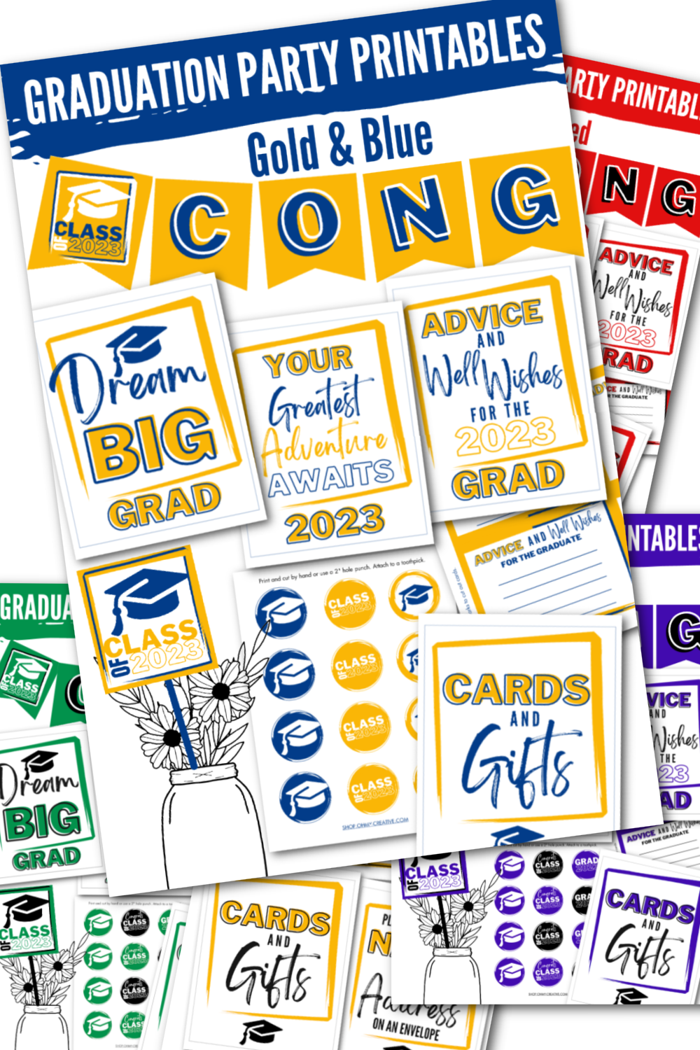 A collage of graduation party printable decorations in several school color combinations.