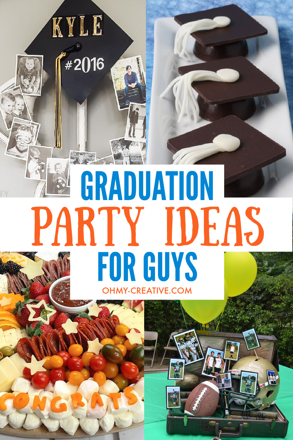 A collage with graduation party ideas for guys. Including dessert tables, graduation party decorations and centerpieces.