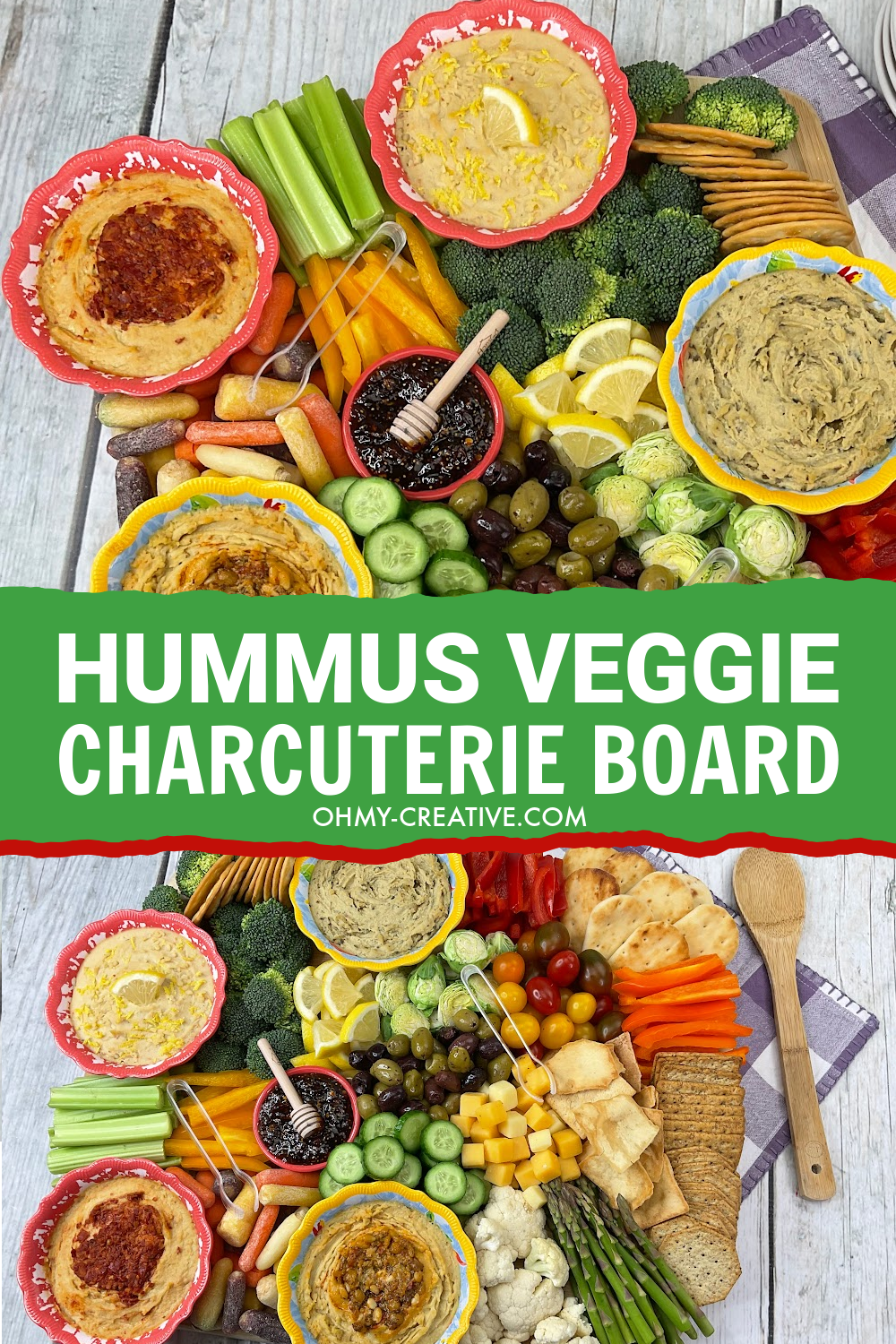 A healthy vegetable veggie charcuterie board made with fresh vegetables paired with irresistible hummus dips.