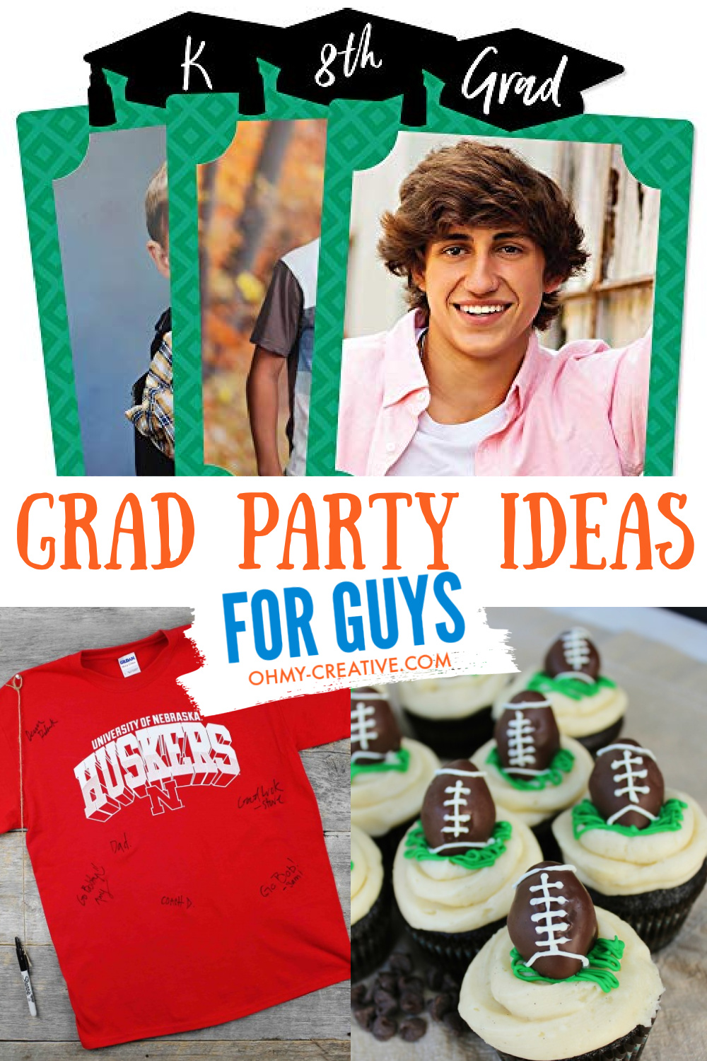 A collage with graduation party ideas for guys. Including dessert tables, graduation party decorations and centerpieces.