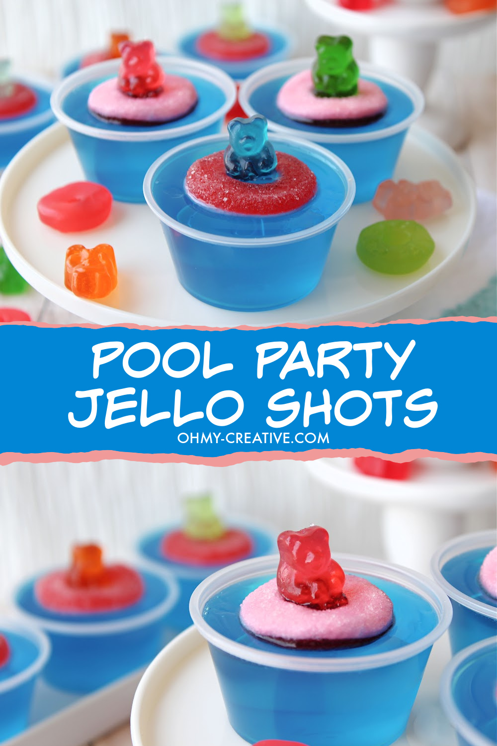 Blue jello shots made with gummy pool floats and gummy bears.