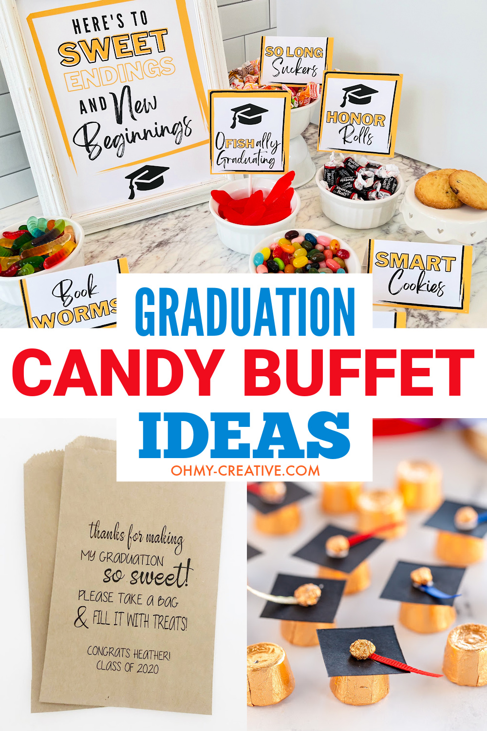 Graduation party candy buffet ideas including printable candy bar signs, graduation party candy favor bags and graduation cap candy.
