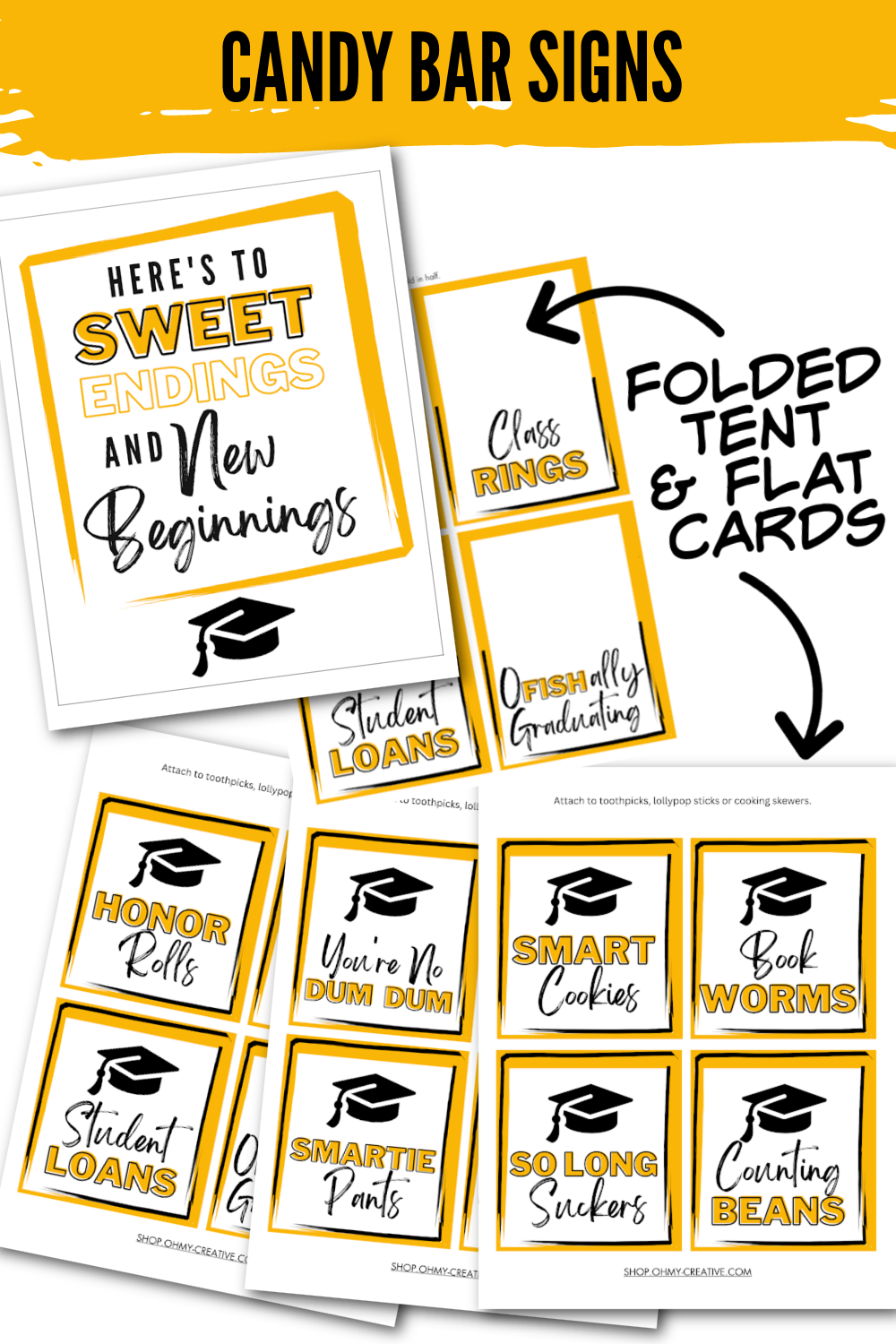 Flat lay of graduation candy bar signs for a graduation party in gold and black.