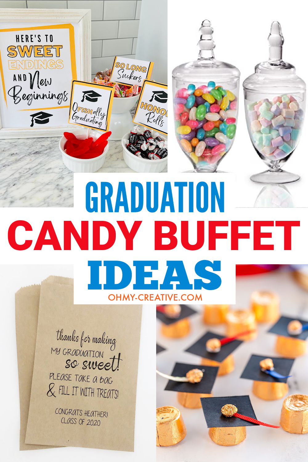 Graduation party candy buffet ideas including printable candy bar signs, graduation party candy favor bags and graduation cap candy.