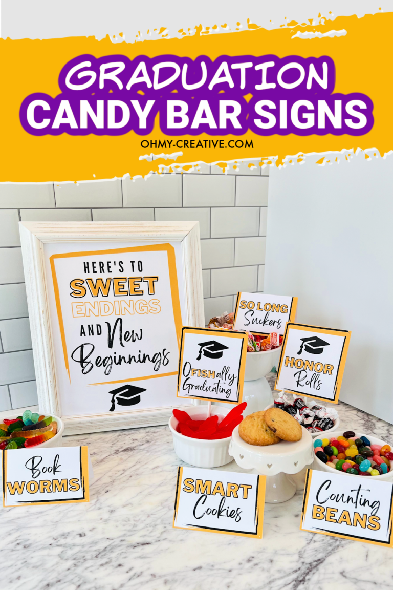 These graduation candy bar signs are in gold and black and paired with bowls of candy for guests to enjoy!