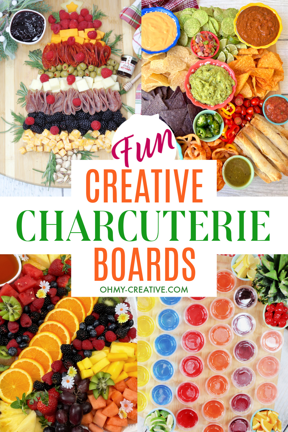 A collage of creative charcuterie boards including an fruit charcuterie board, jello shot charcuterie board, Christmas tree shaped charcuterie board and a Mexican charcuterie board.