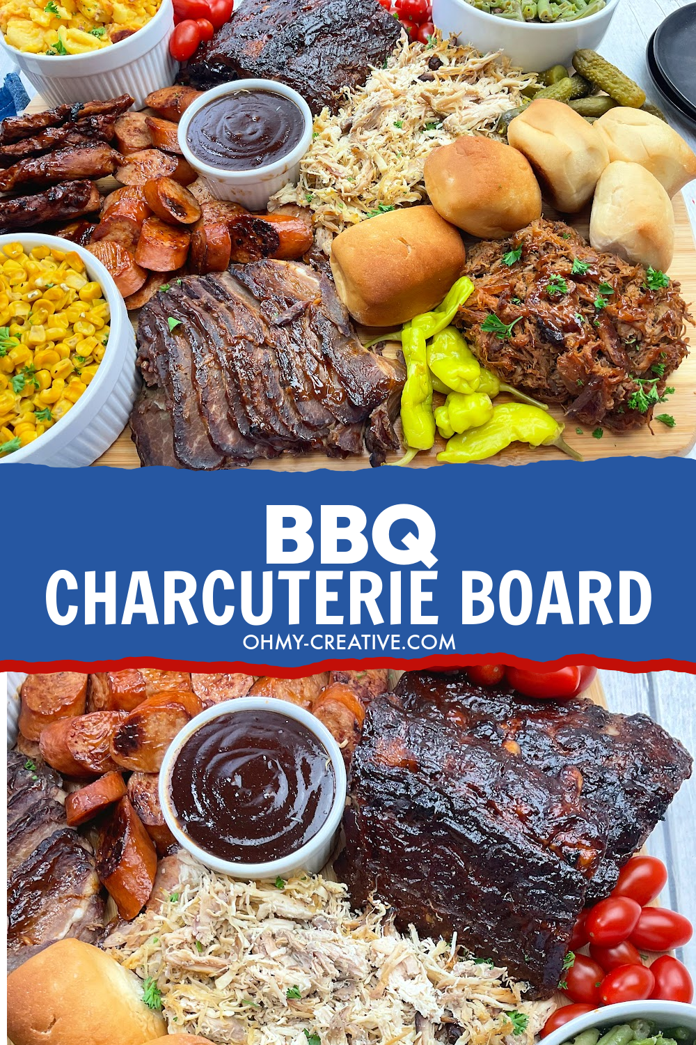 pinterest image that says charcuterie board with pictures of BBQ meats and side dish options