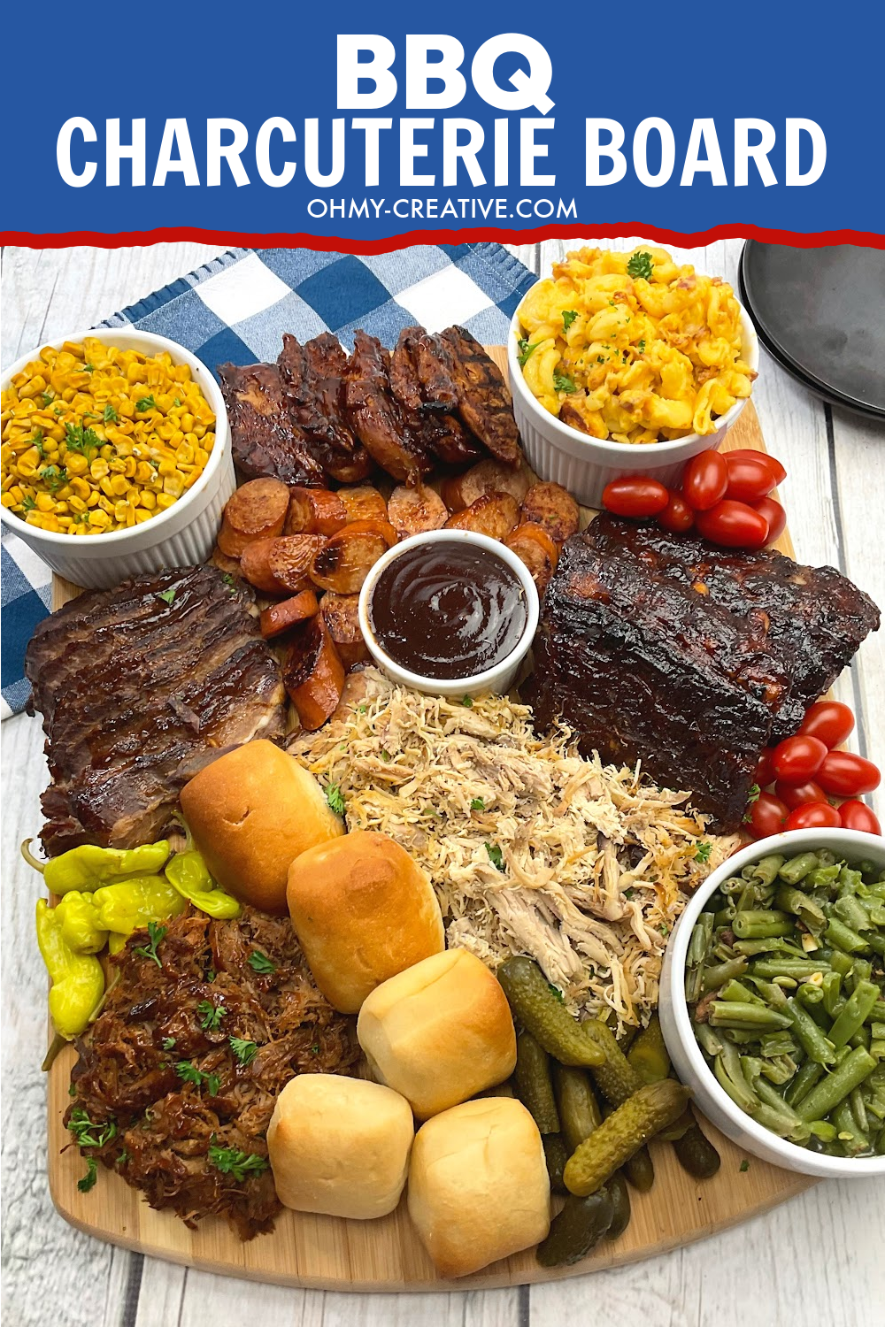 BBQ Charcuterie Board full of cooked BBQ items like meat and side dishes