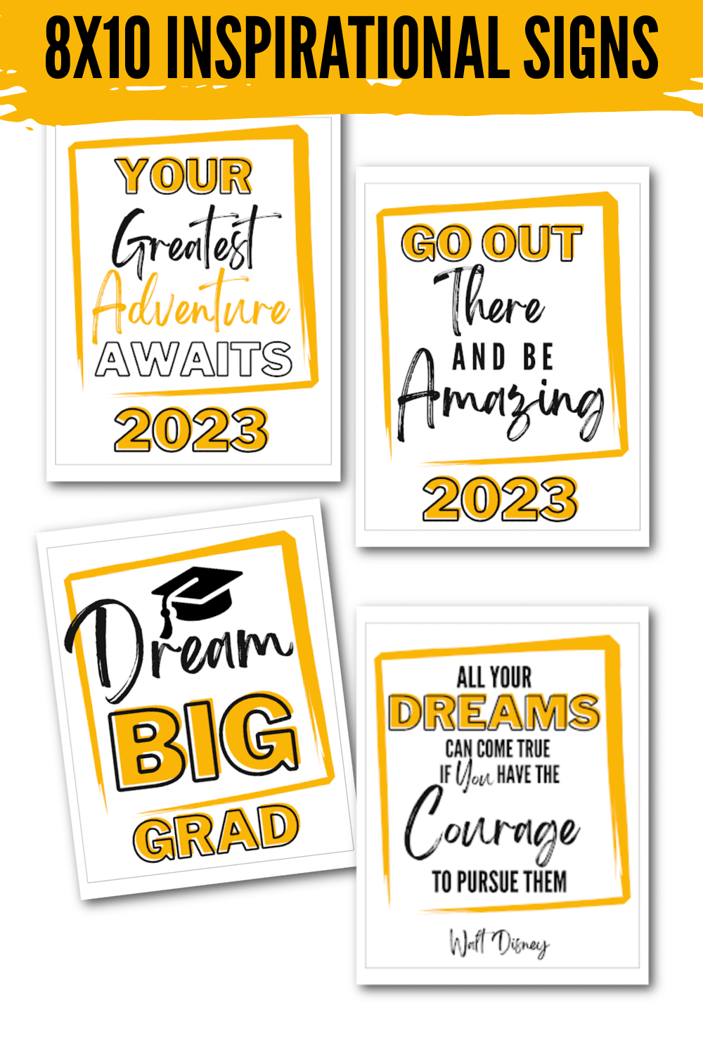 Four printable graduation quote signs in gold and black.