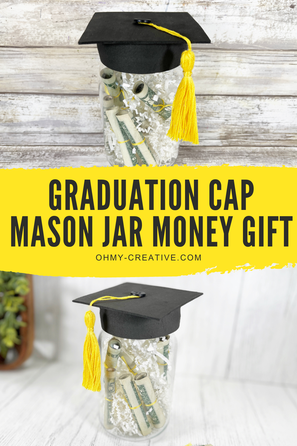 Money Mason Jar Graduation Cap Gift craft with two images