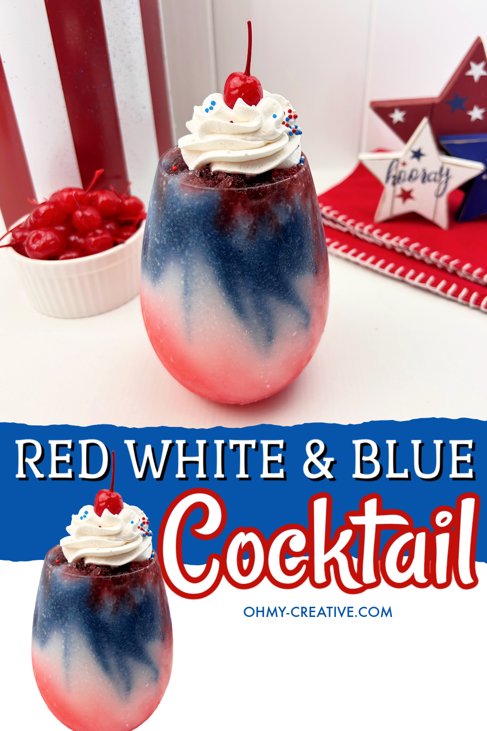 Featuring festive, patriotic colors, this Red White, And Blue Cocktail is like frozen slushy with red on the bottom and blue on the top layer with whipped cream and a cherry on top. Added are patriotic sprinkles. A bowl of extra cherries are off to the side.