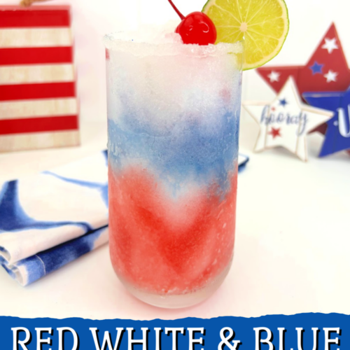 layered red white and blue margarita with a cherry on top