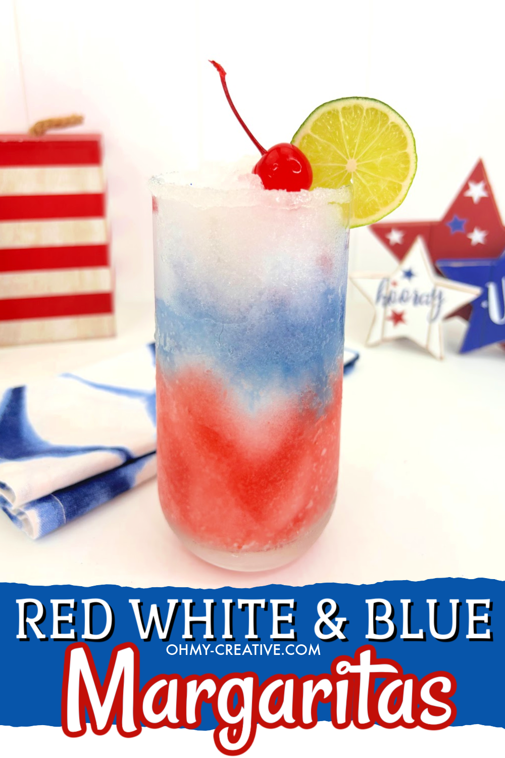 red white and blue layered drink recipe with a cherry on top 