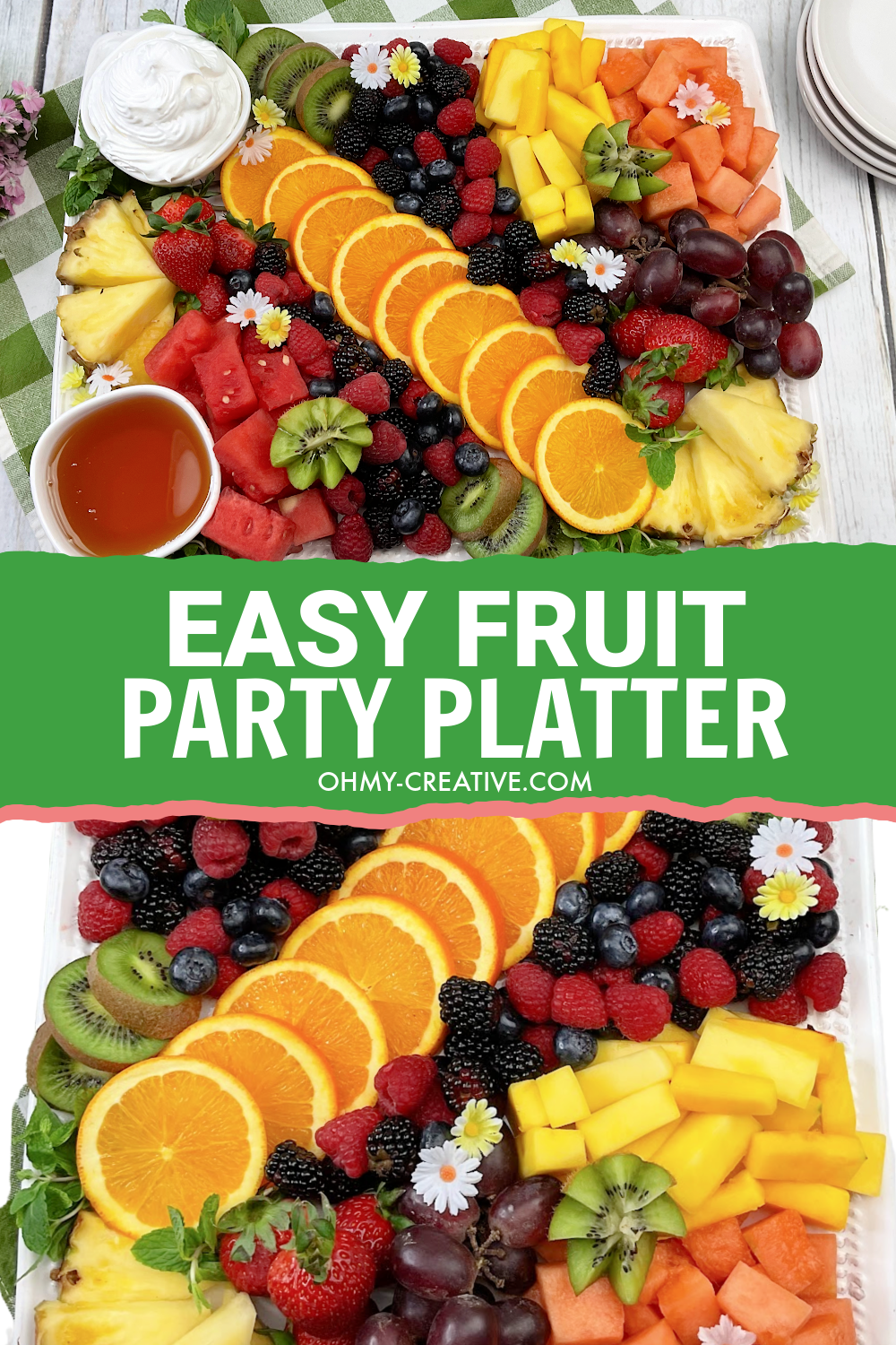 Easy Fruit Party Platter with oranges, berries, kiwi, pineapple and more.