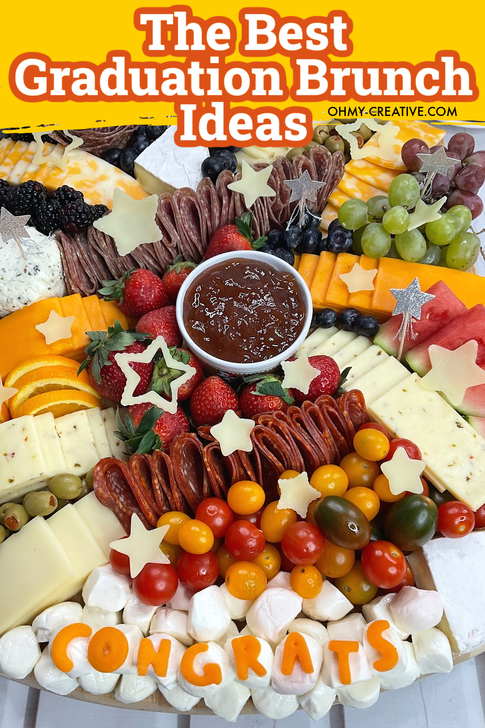 A collage of graduation brunch recipes including this fruit graduation charcuterie board.