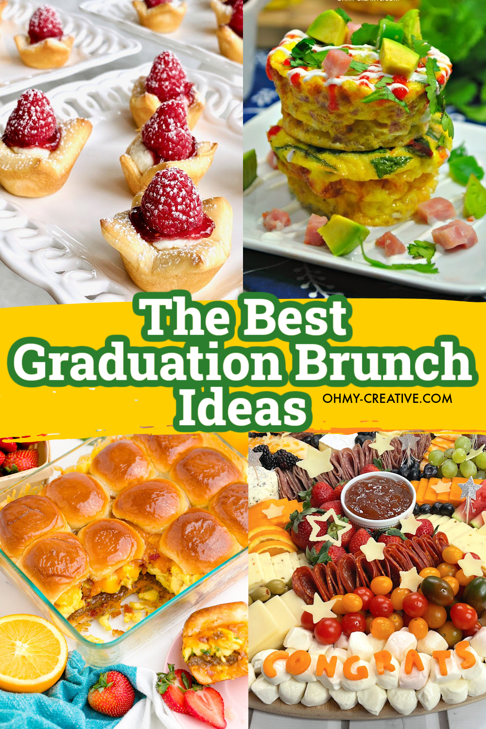 A collage of graduation brunch recipes including egg muffins, sliders and a fruit graduation charcuterie board.