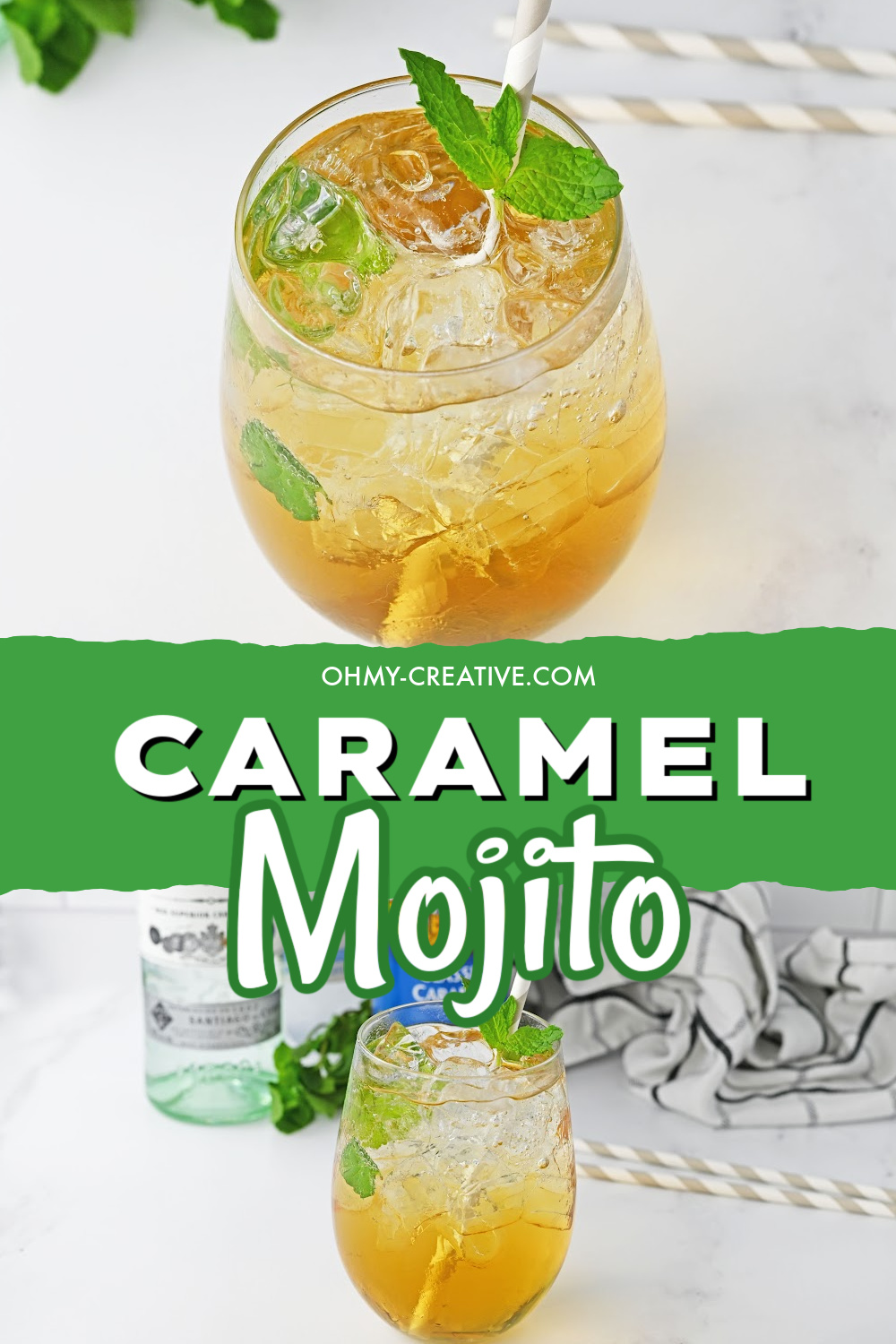 A caramel mojito cocktail garnished with mint and a straw. Two images one closeup of the drink and one at a distance. Pinterest image